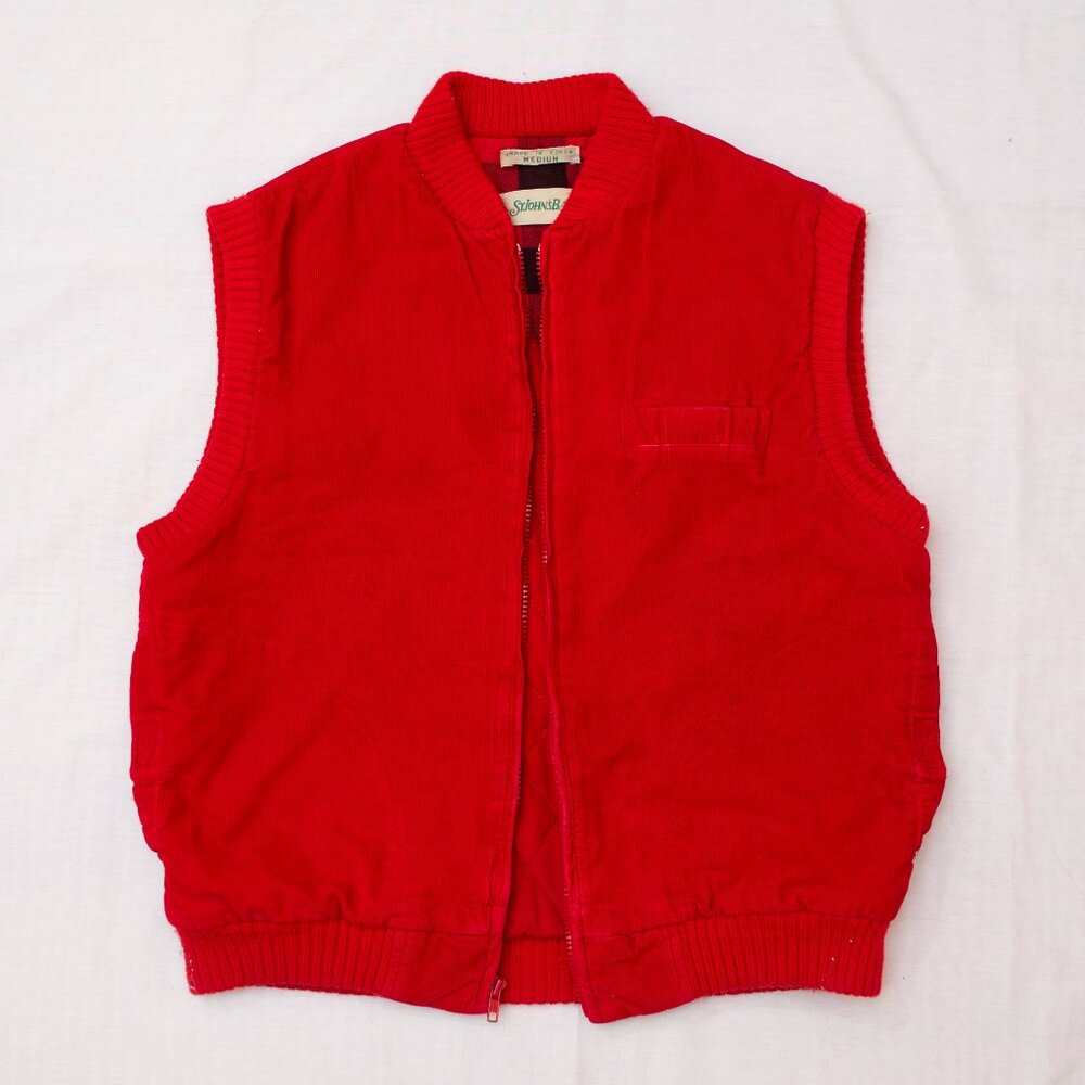 Vintage St John's Bay Red Corduroy Zip Up Vest with Knit Trim